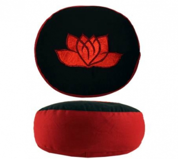 Meditationskissen Farben rot·schwarz · Motiv Lotus · Füllung Buchweizen