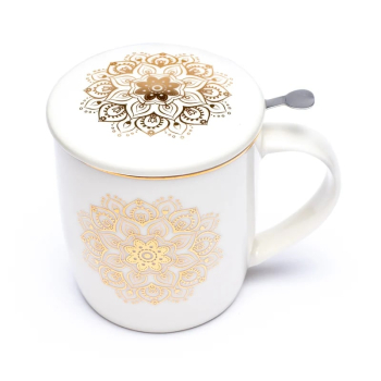 Tasse à thé avec passoire et couvercle blanc Mandala