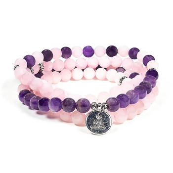 Mala quartz rose/améthyste élastique avec Bouddha