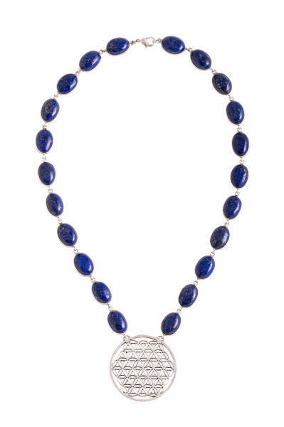 Collier fleur de vie avec lapis lazuli, laiton argenté