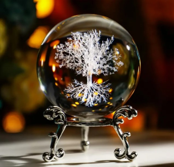 Boule de cristal en verre gravée au laser en 3D avec arbre de vie, support en métal inclus !!! SEULEMENT 3 PIÈCES !!!